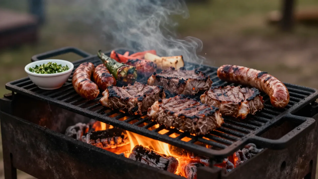 South American barbecue cooking over glowing coals