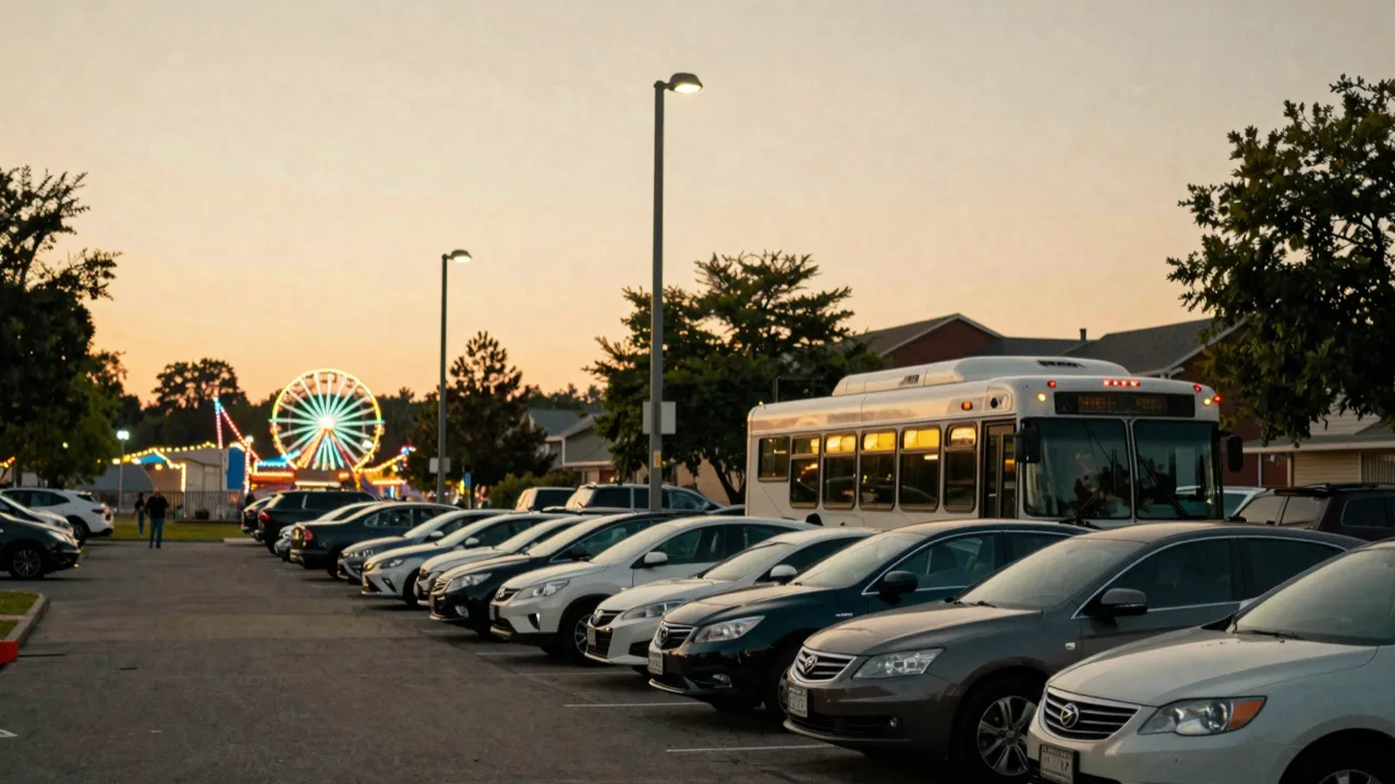 Shuttle bus waiting in a suburban parking lot at dusk with fairground lights glowing in the distance