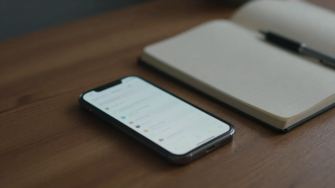 Smartphone screen showing a blurred search results page beside a notebook on a wooden desk