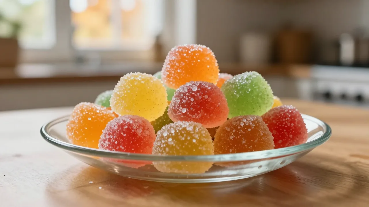 Colorful sugar-coated fruit jelly candies in a glass dish