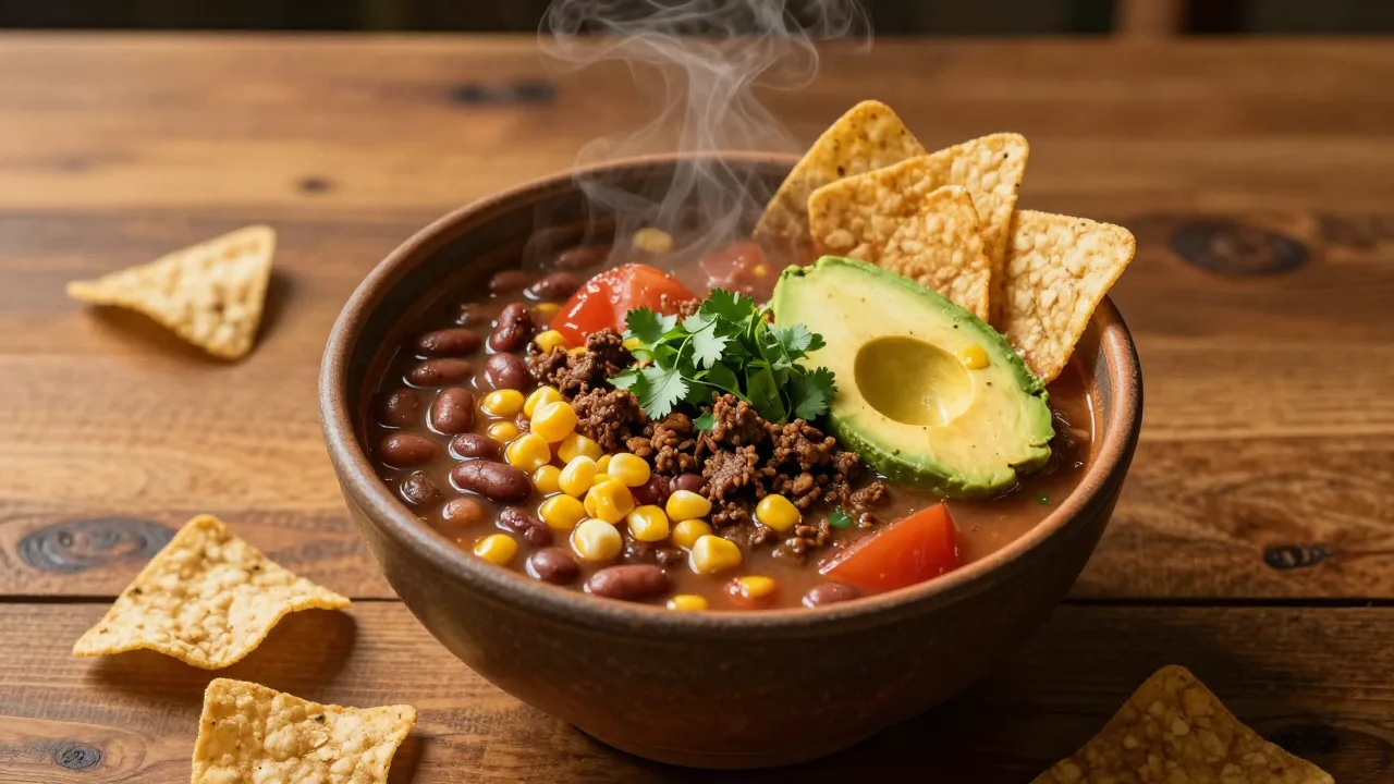 A steaming bowl of taco soup with colorful toppings