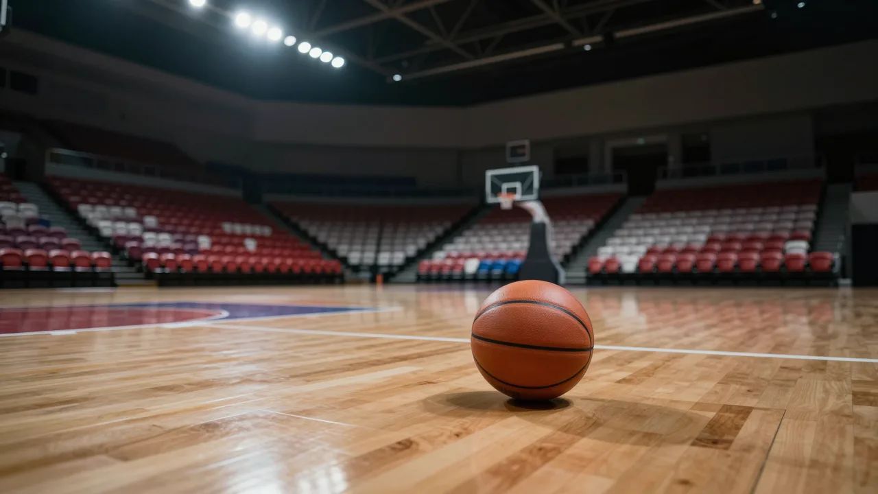 Empty international basketball arena at night with a ball resting on the painted key under bright overhead lights