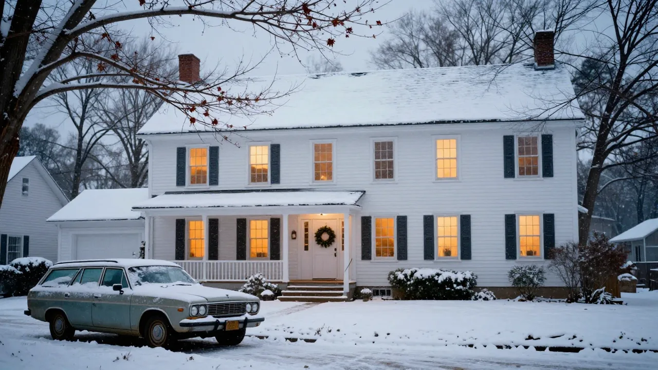 Snow covered New England clapboard house at dusk with warm lit windows and a wreath on the door