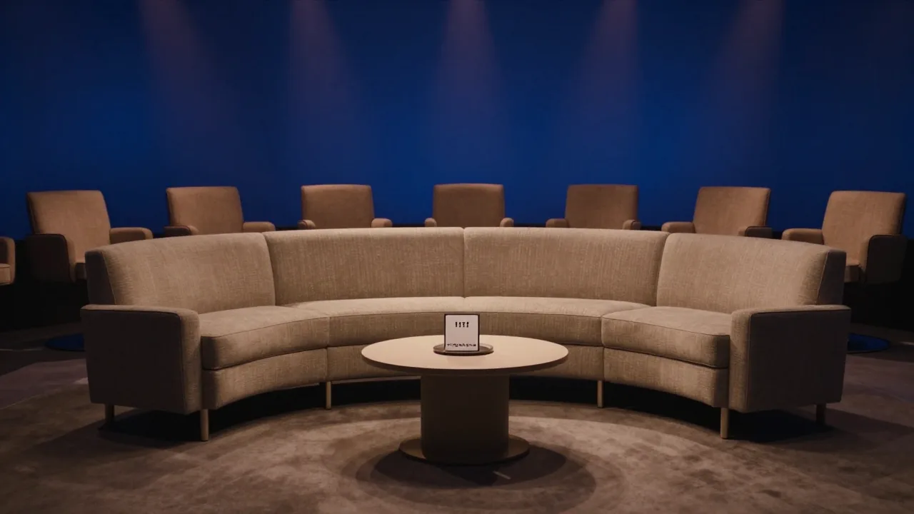 A warmly lit late-night television studio sofa with empty chairs