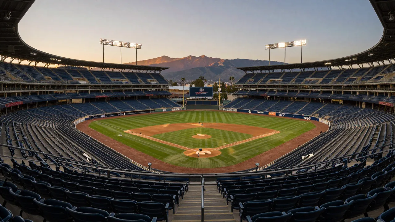 Baseball field at dusk with blue seats and stadium lights