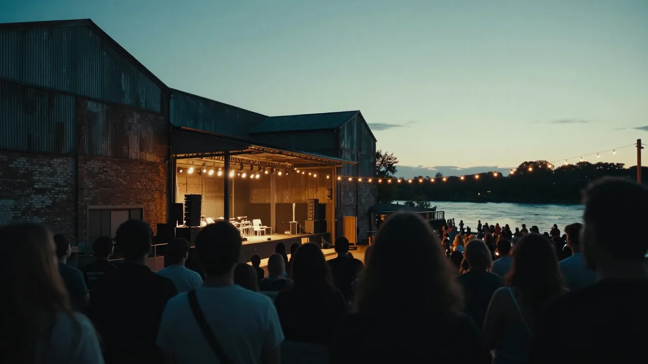 Evening crowd silhouettes in front of a converted industrial warehouse concert venue by a river