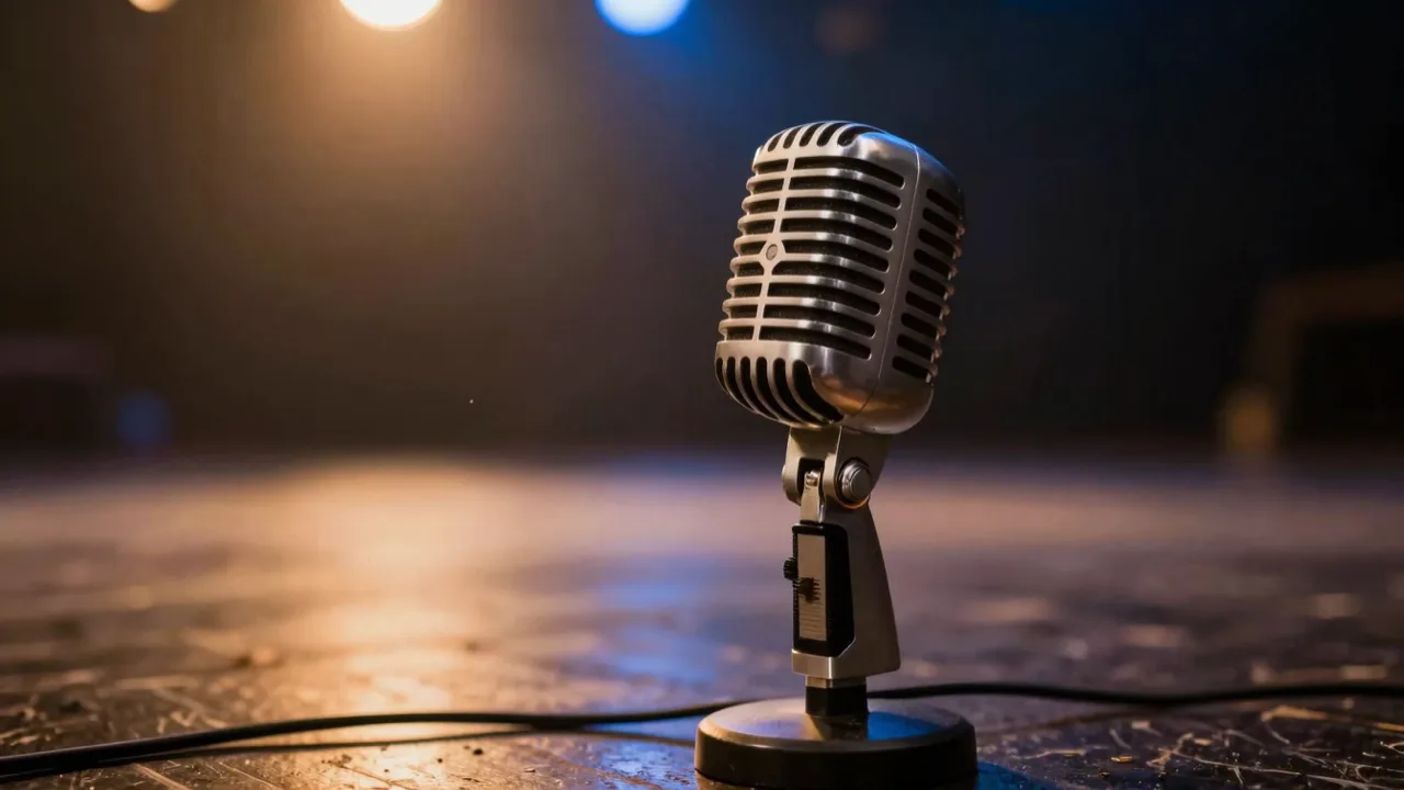 Close-up of a vintage microphone on a dark stage with warm stage lights behind it