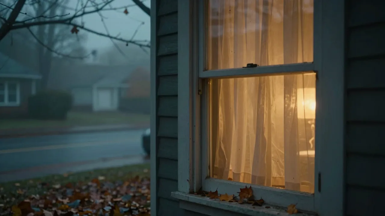 A child bedroom window glowing at night, seen from a foggy suburban street
