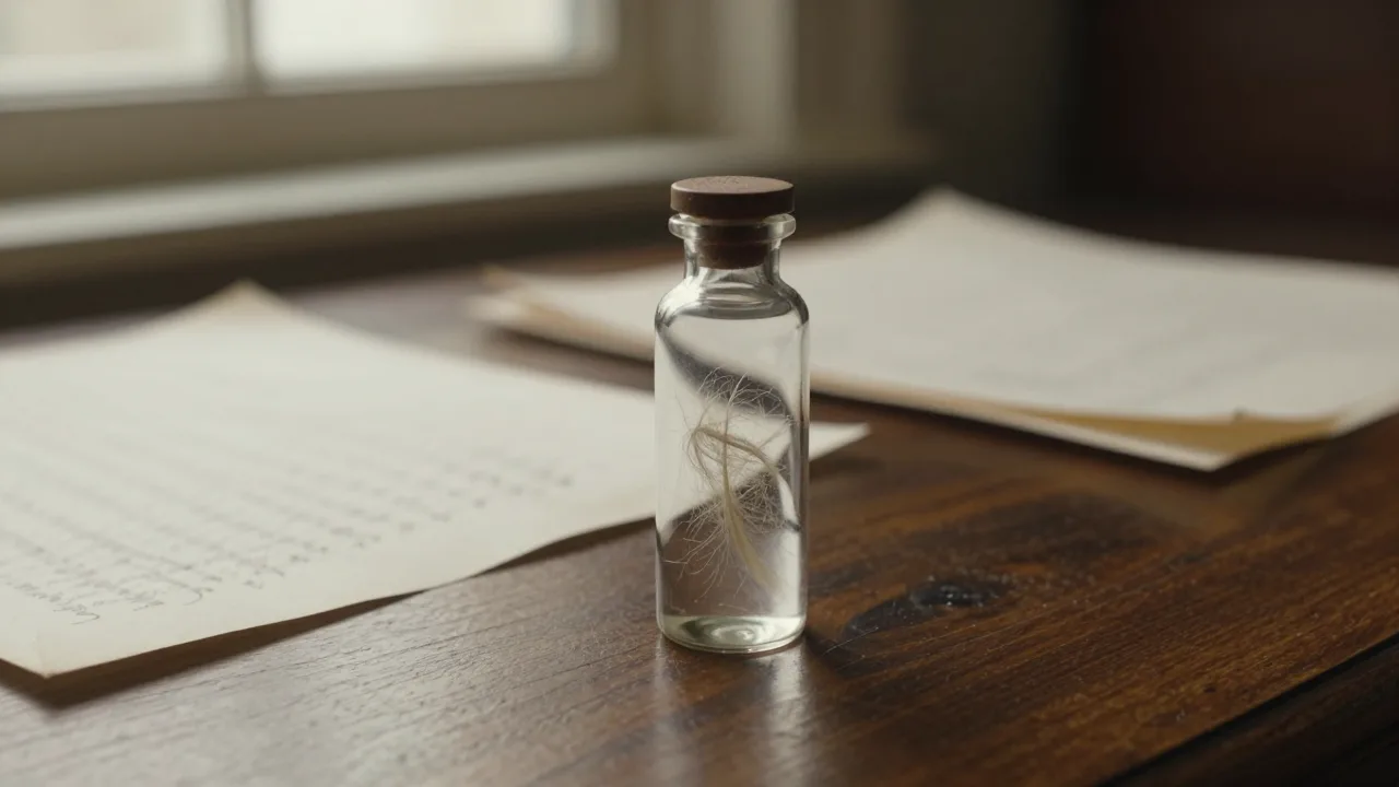Historic hair sample in a softly lit archival display case