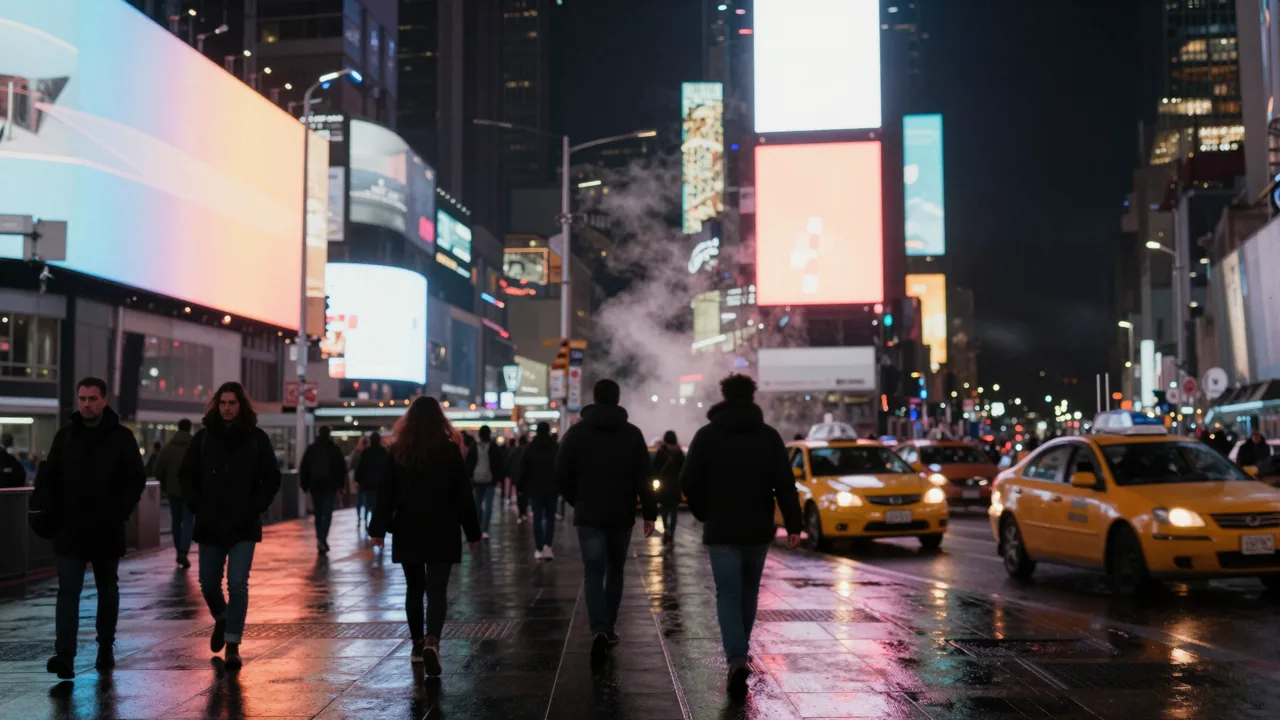 Night view of a busy pedestrian plaza glowing under towering blank advertising screens