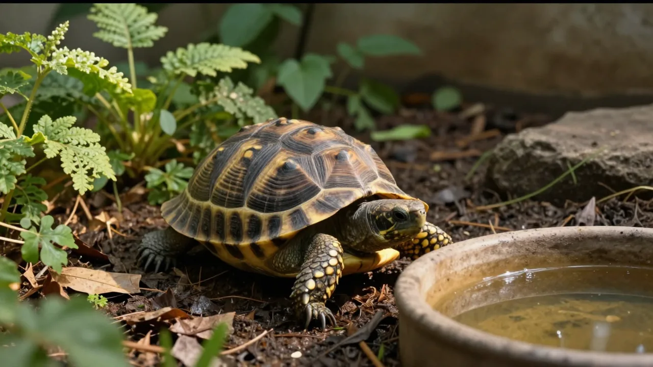 Eastern box turtle resting in a leafy outdoor enclosure