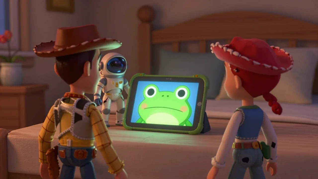 Animated toy figures facing a glowing tablet in a child’s bedroom