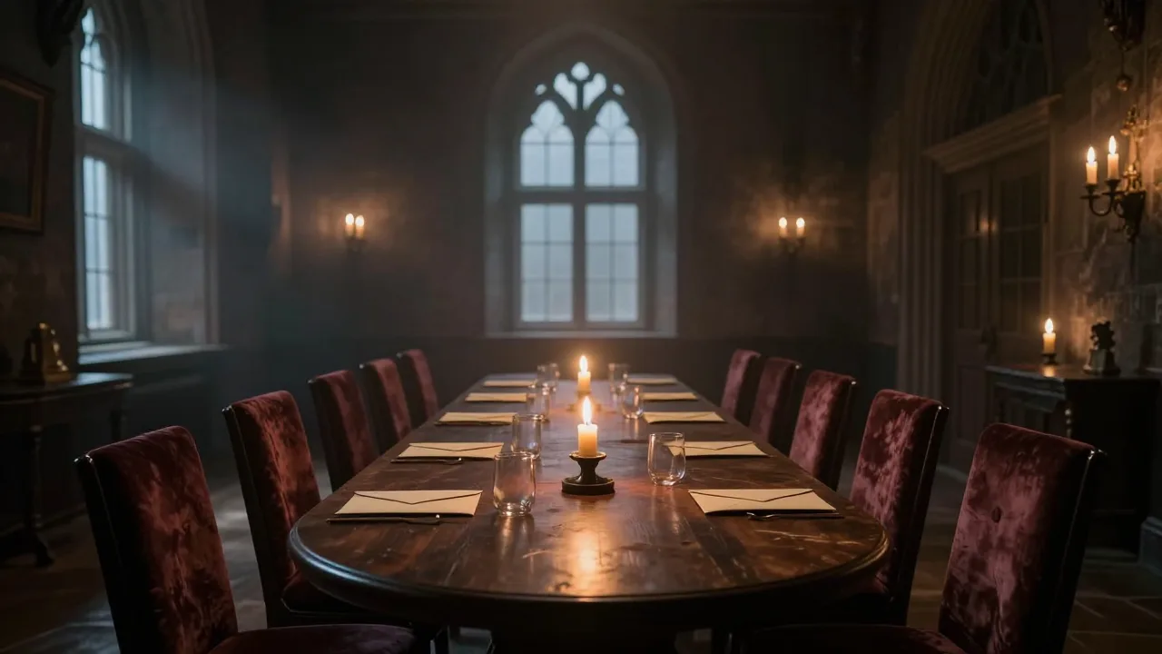 Candlelit castle round table prepared for a secret strategy game