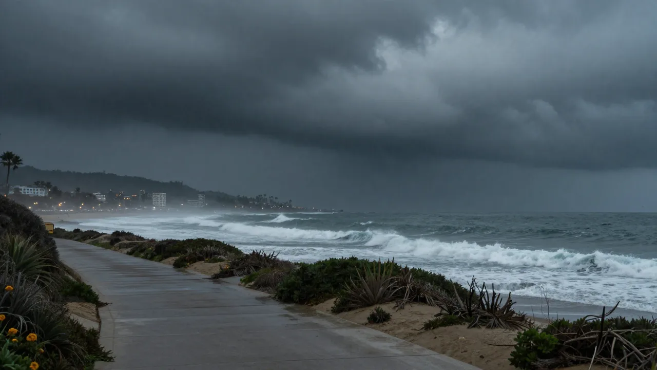 Storm clouds and waves near the San Diego coast