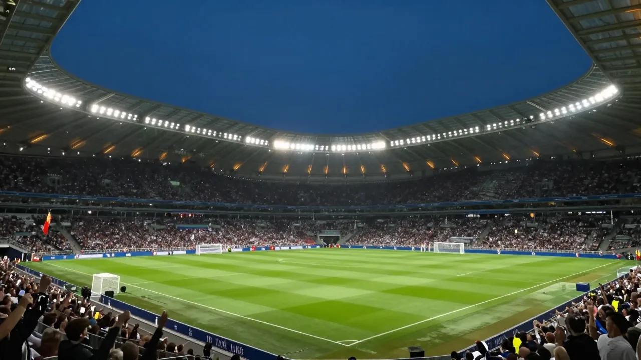 Floodlit football stadium prepared for an international match