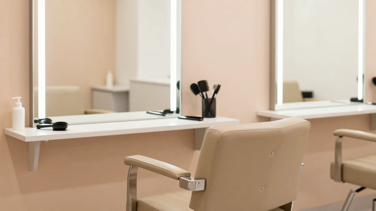 Modern salon chair and styling tools in warm light