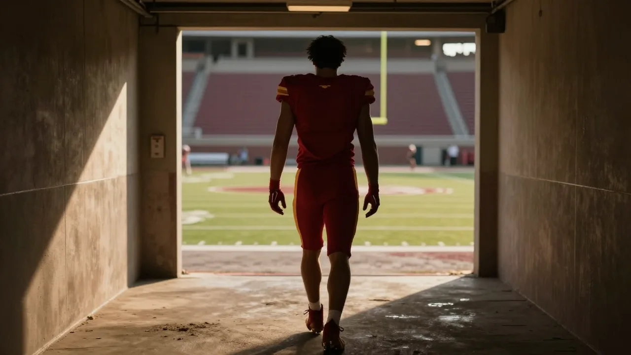 Faceless college football player in a stadium tunnel