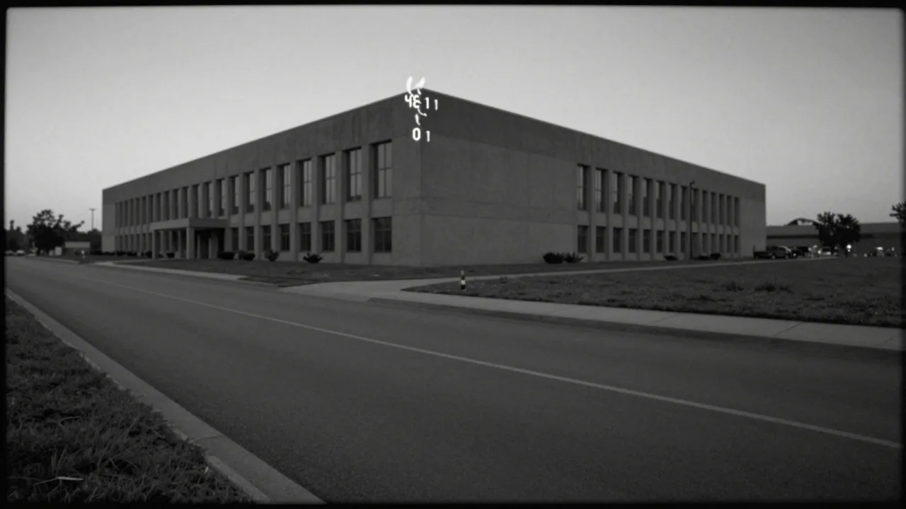Grainy black and white security camera view of an empty roadway beside a large government building at dawn