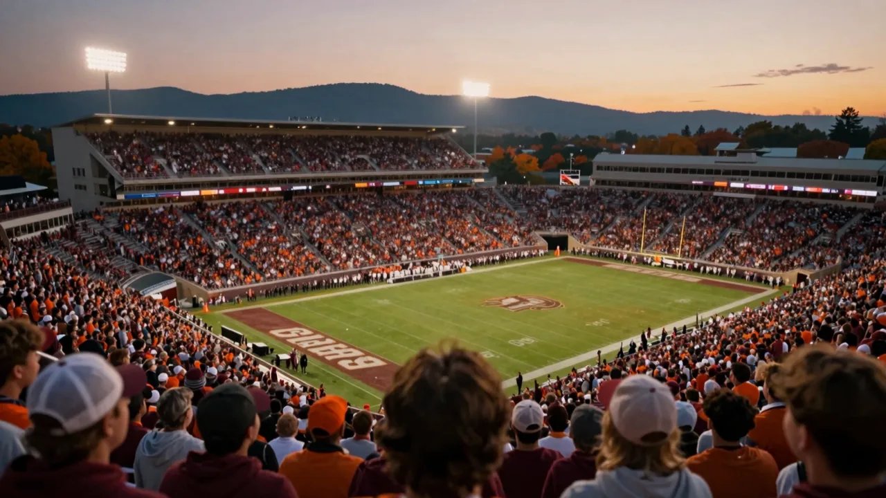 Packed college football stadium at night with orange and maroon crowd colors and stadium lights