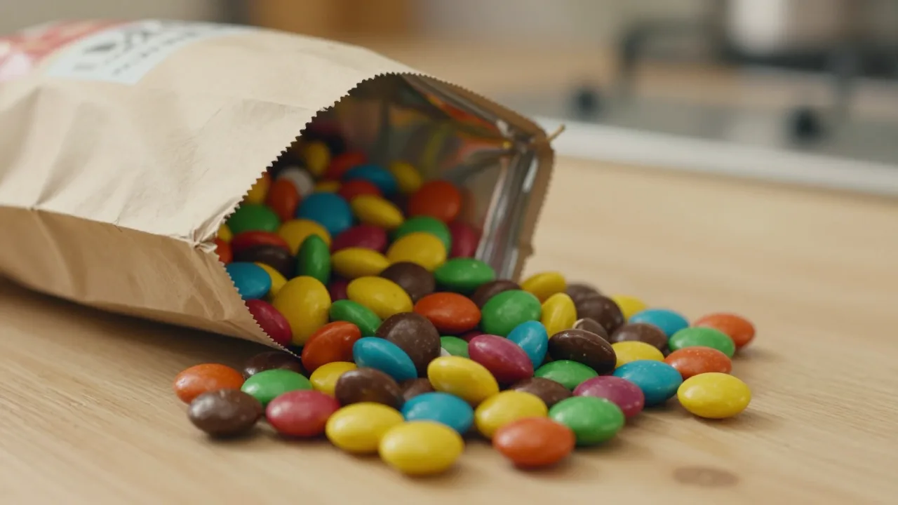 Colorful candy-coated peanut chocolates in a glass bowl