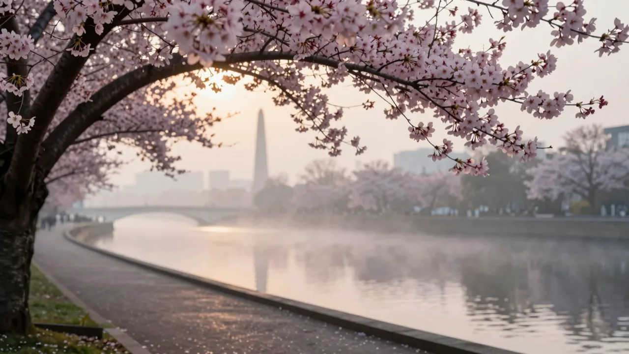 Pale pink cherry blossom branches arching over a calm city waterway at dawn