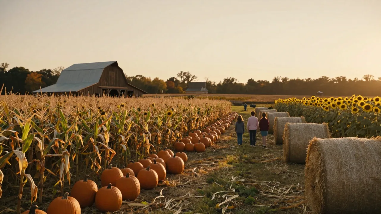 Pumpkin patch and corn maze at sunset