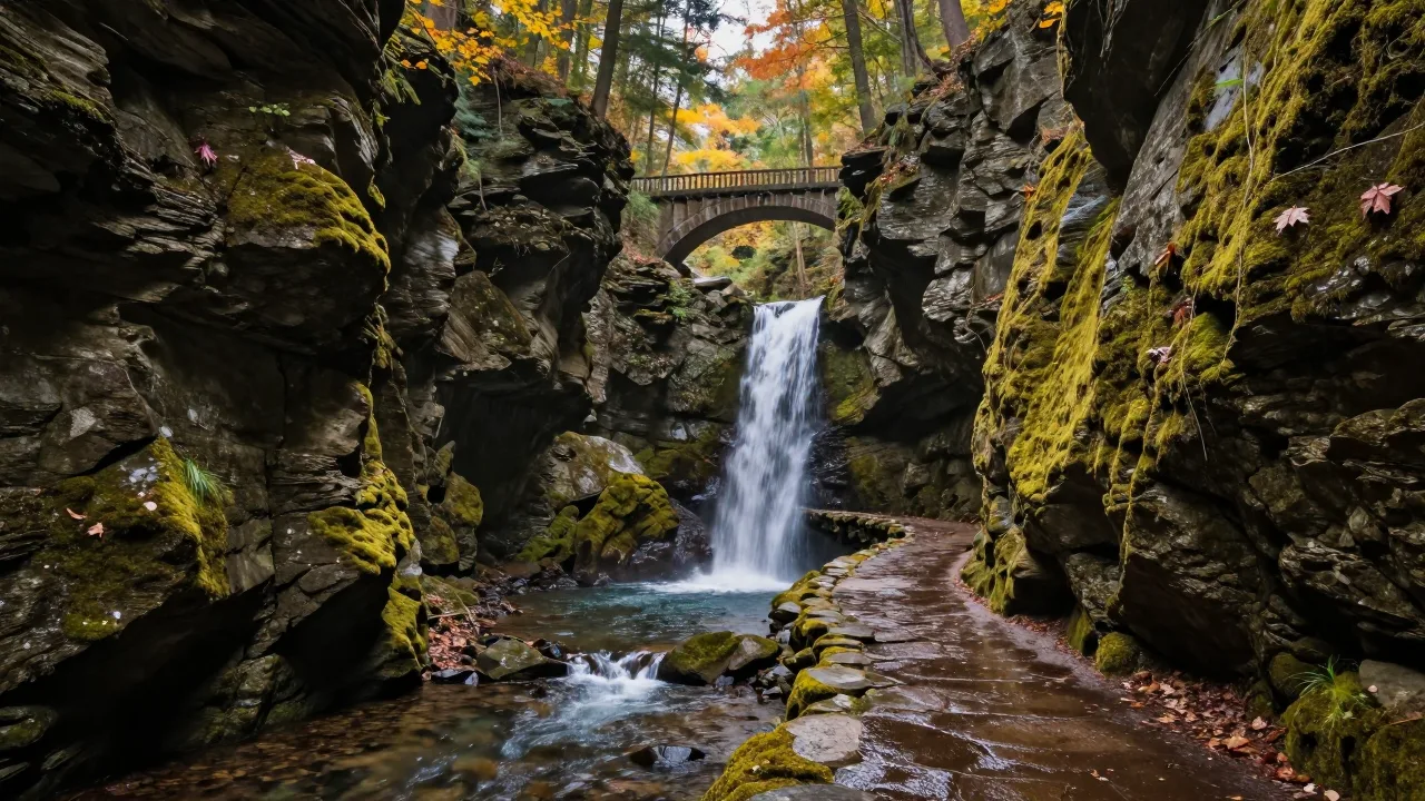 Stone path beside a waterfall in Watkins Glen State Park