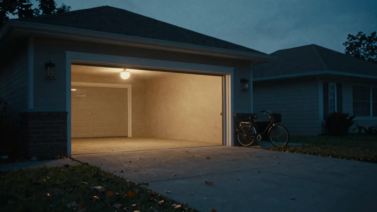 Empty suburban garage at dusk with an open door and long shadows