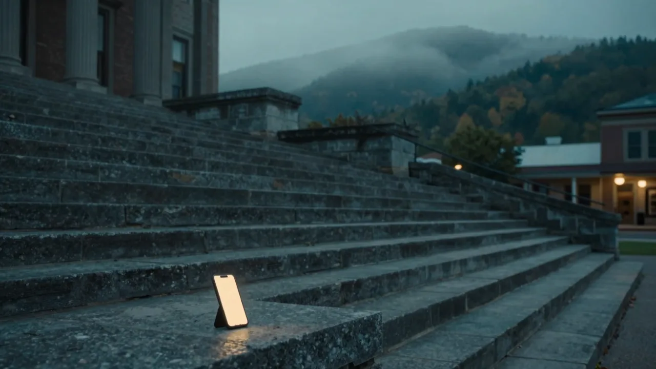 Empty state courthouse steps at dusk with a smartphone glowing on a stone ledge