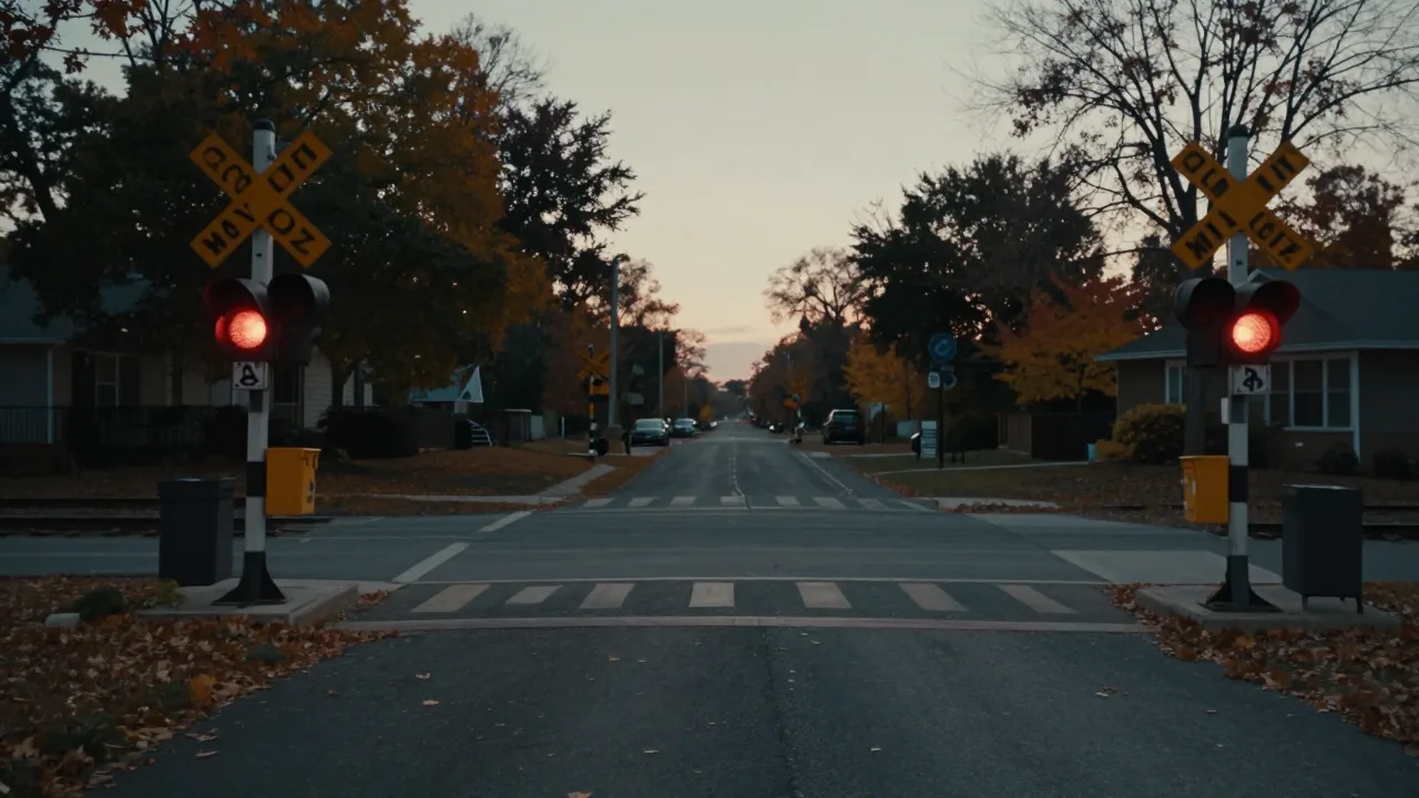 Railroad crossing near Wheaton at dusk