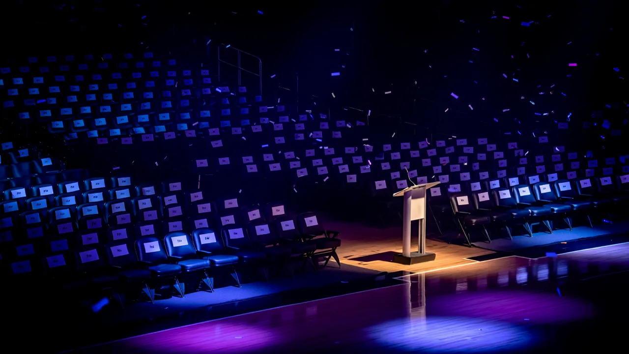 Empty draft night stage and podium inside a darkened basketball arena
