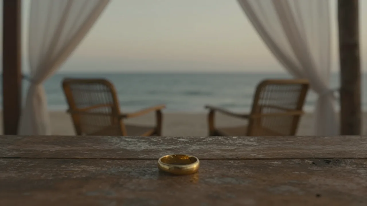 A wedding ring left on a wooden table in a beach house at dusk, facing the ocean