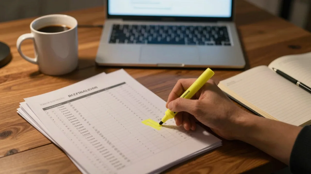 Printed player rankings sheet, highlighter and coffee mug on a table before a fantasy football draft