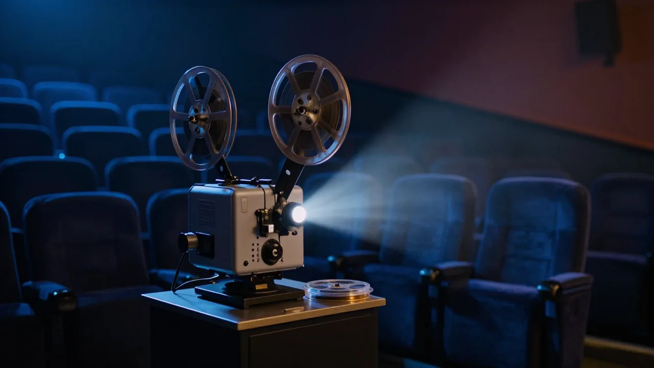 Empty cinema seats lit by a film projector